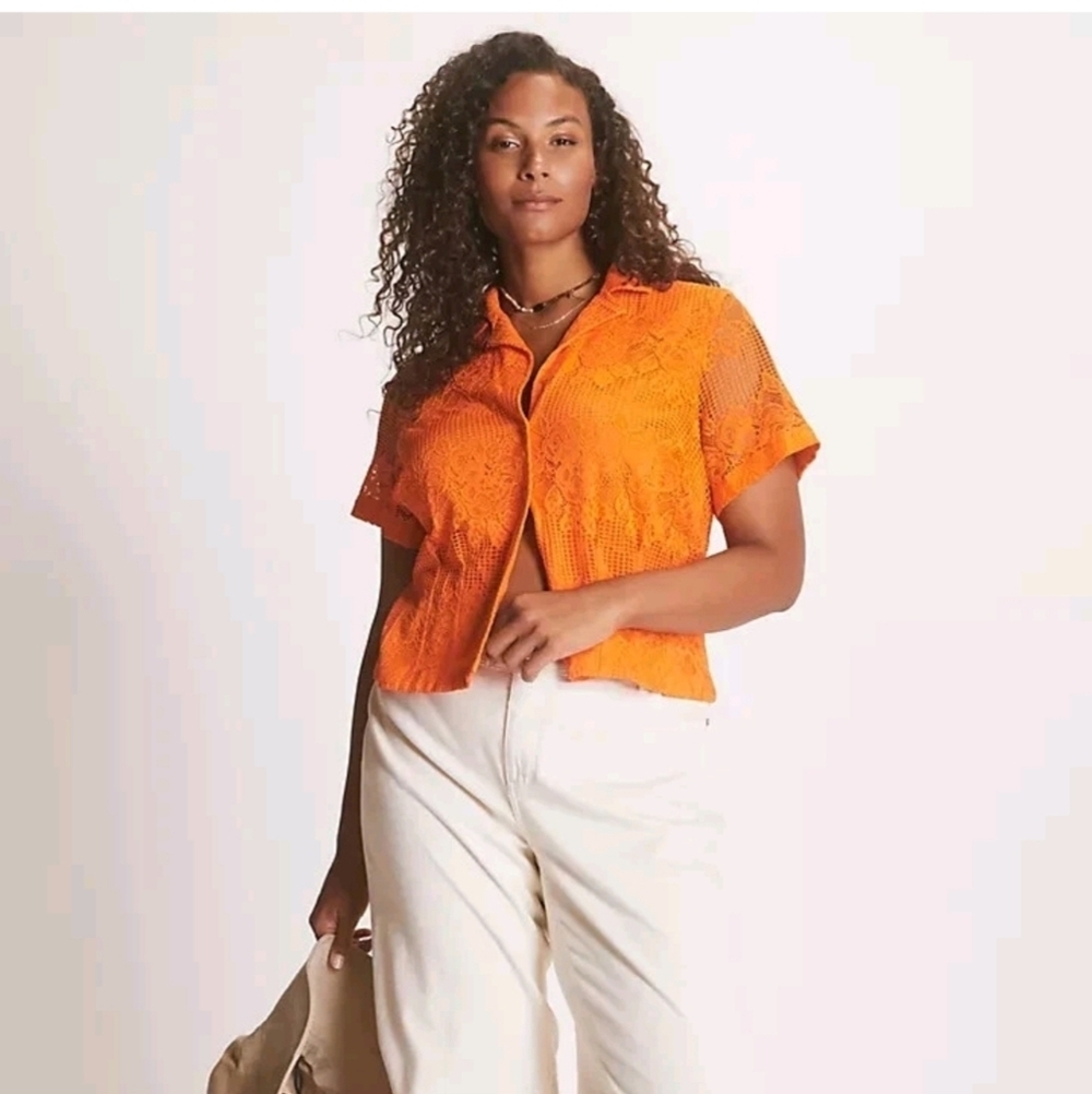 Anthropologie Maeve Lace Buttondown Top 3x